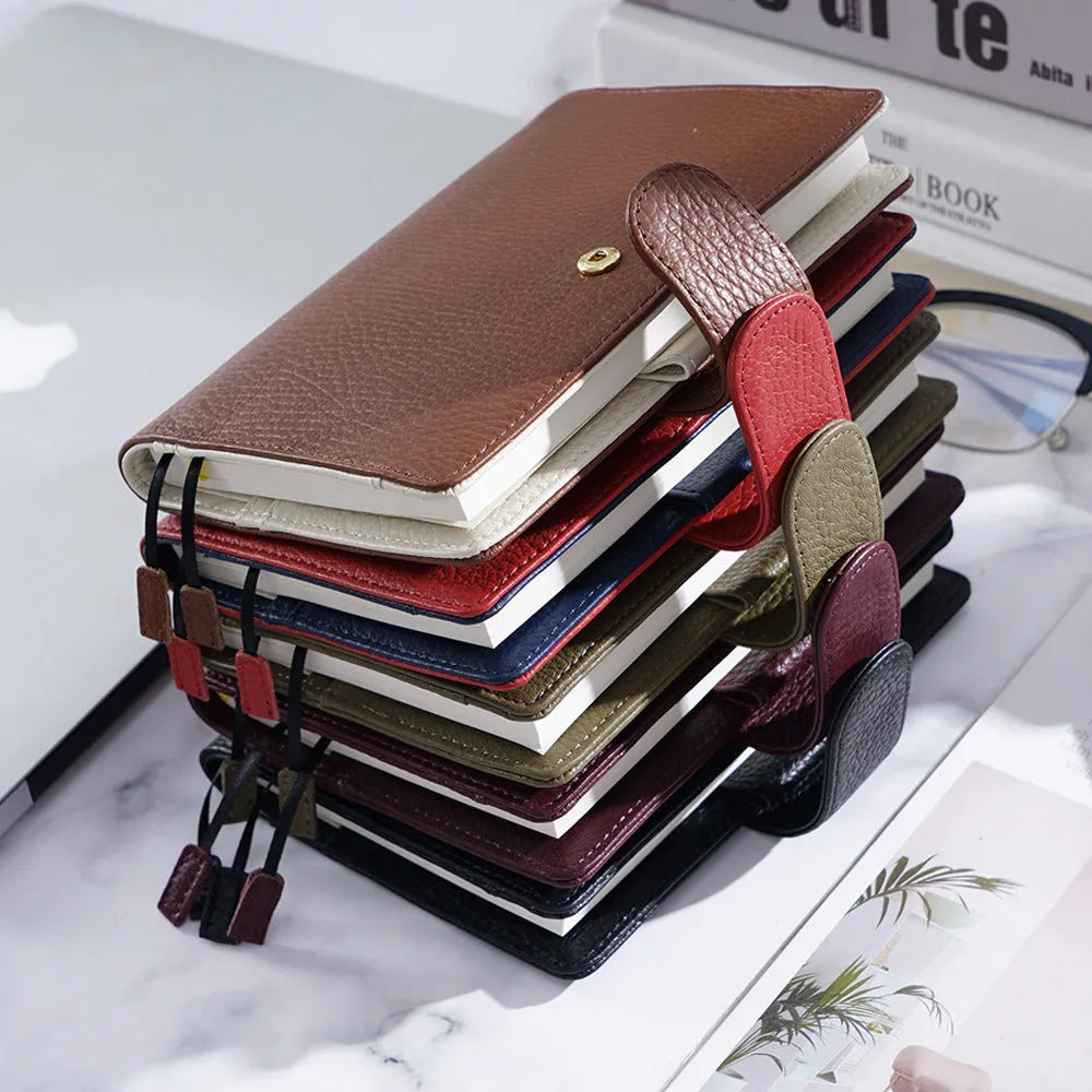 A6 leather notebook with lychee pattern cowhide cover in loose-leaf diary format
