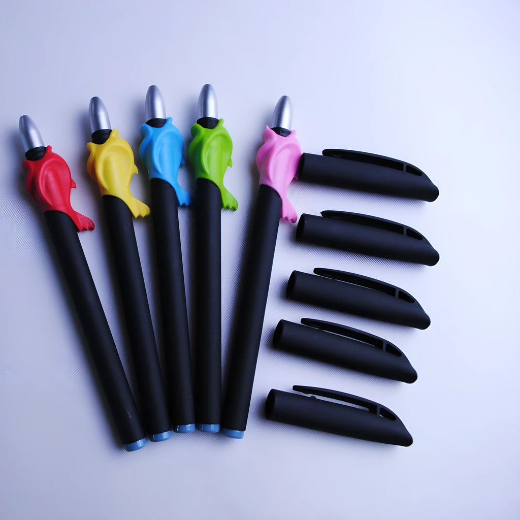 Portable plastic pen holder and eight 0.5mm blue ink refills on a white background.