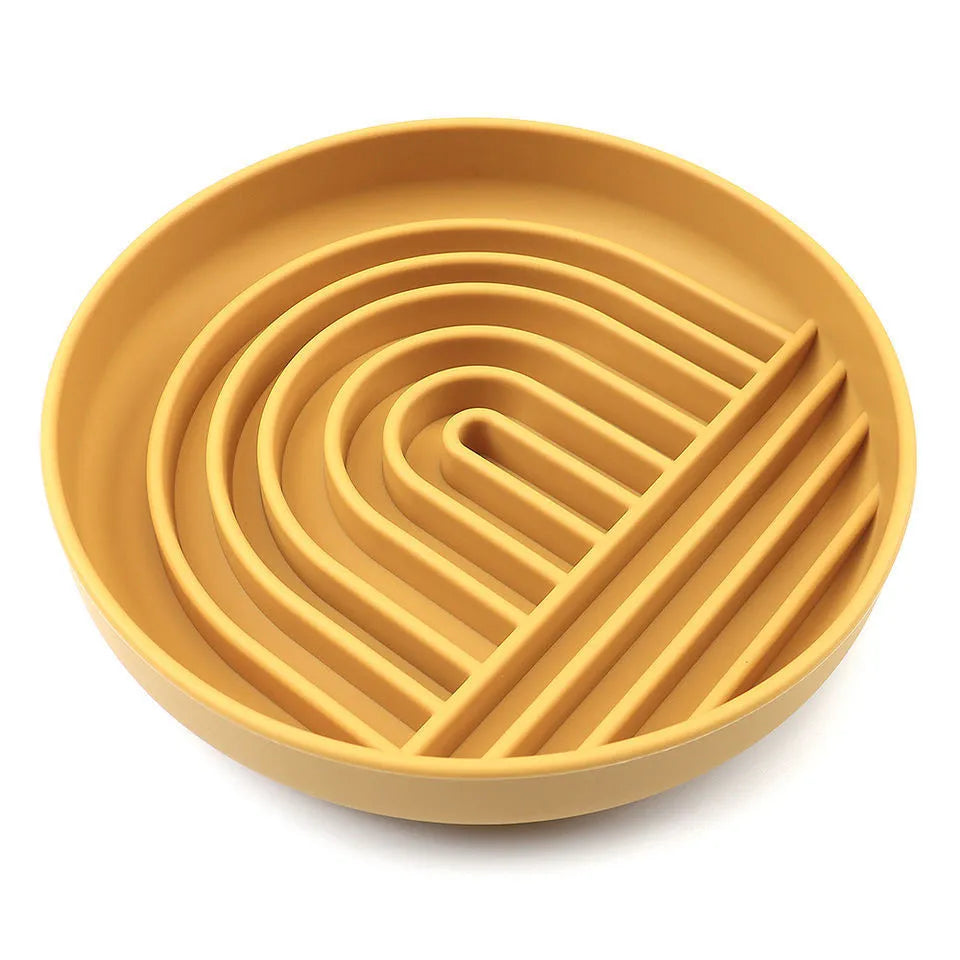 Silicone dog slow feeder bowl with ridges and nooks, shown in beige colour
