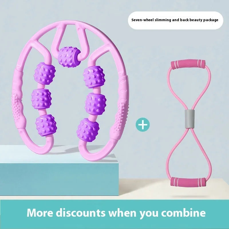 Handheld 12-wheel leg massage roller in macaron pink colour on a white background.