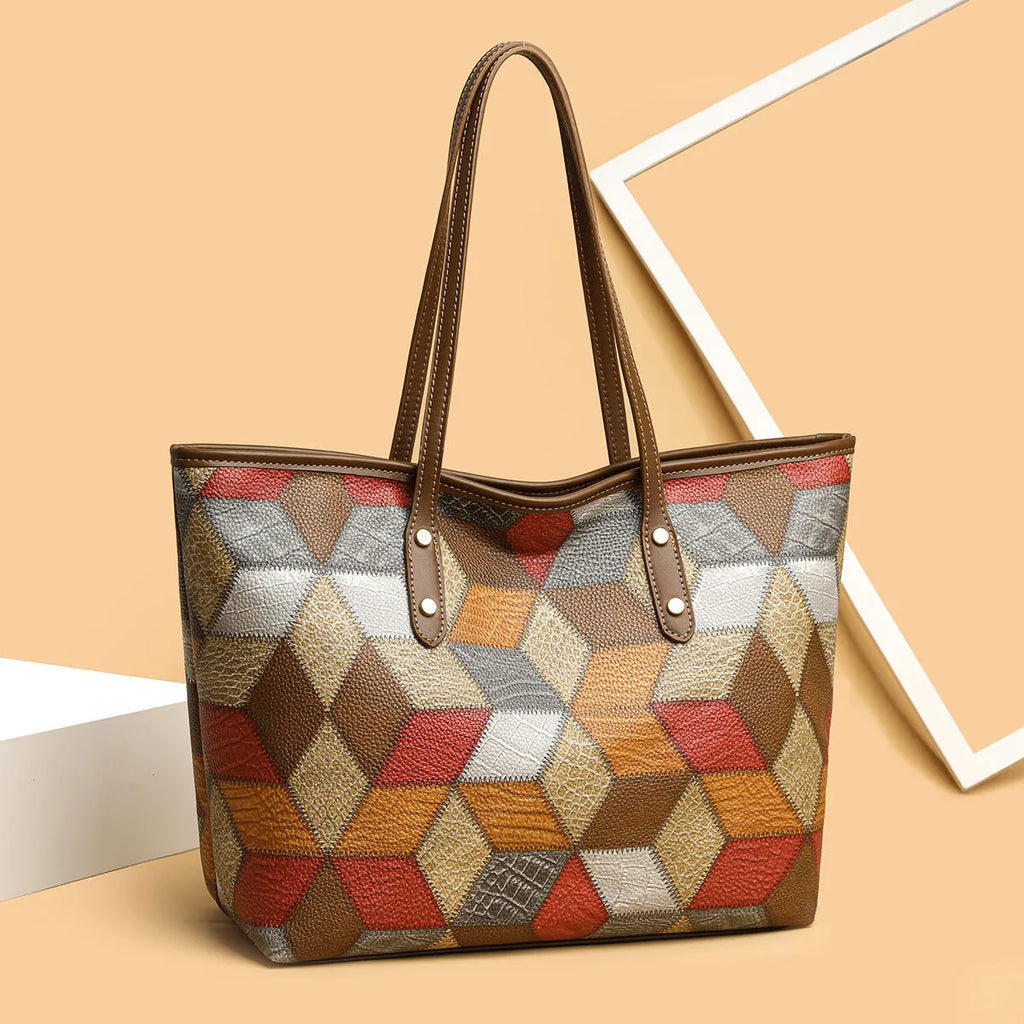 Women's PVC shoulder bag with sandwich pocket design in blue-brown colour