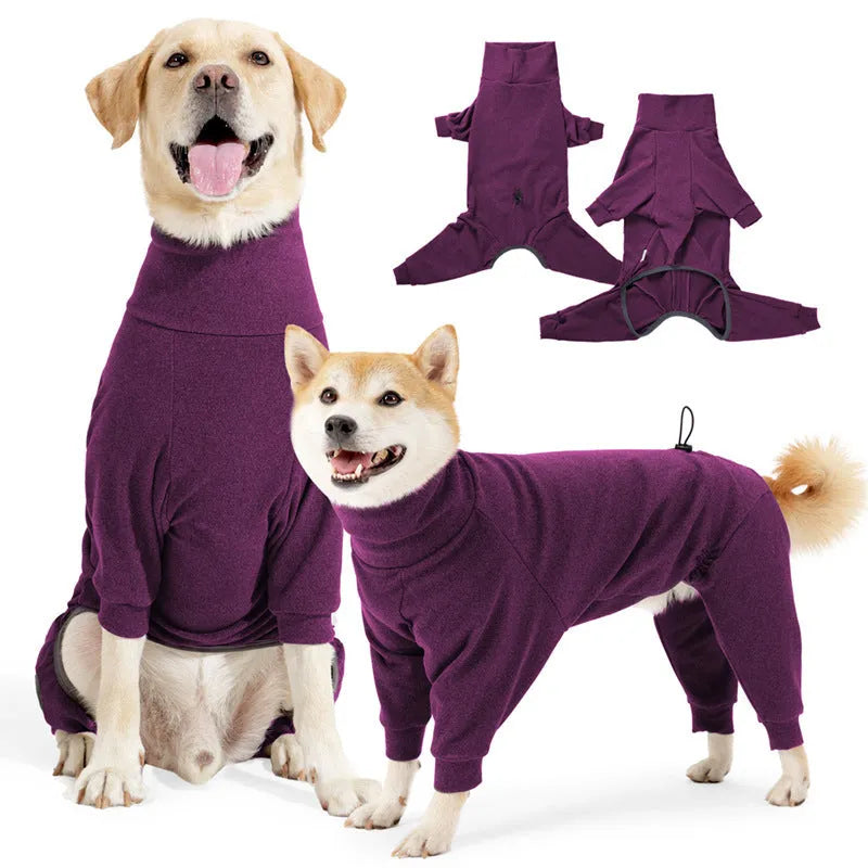Four-leg polar fleece dog coat with high collar in dark grey or wine red colour options