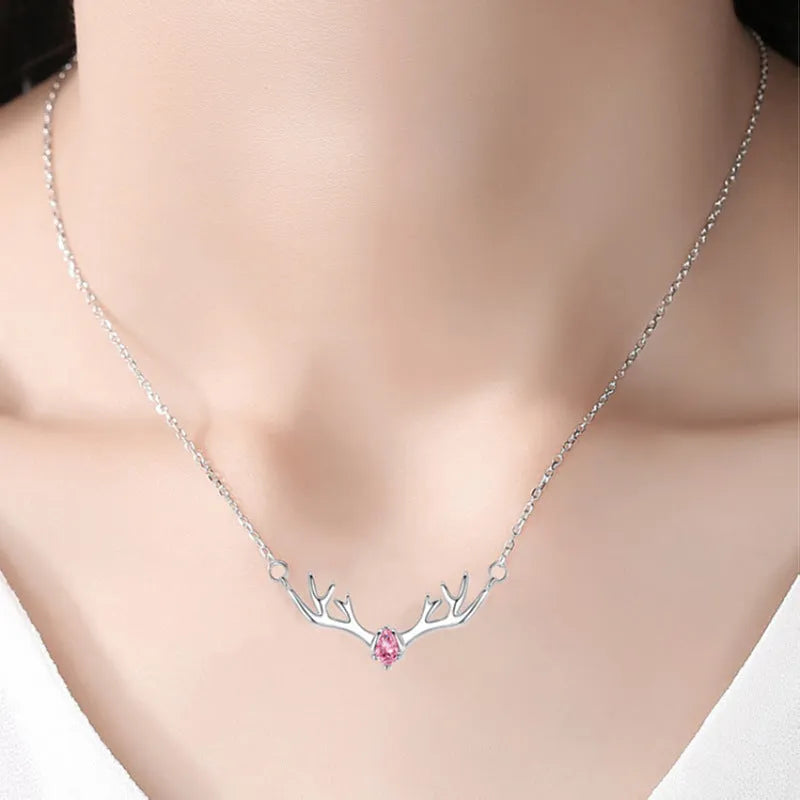 Women's Korean simple deer pendant necklace copper electroplated O-link chain adjustable 41-50cm blue stone finish