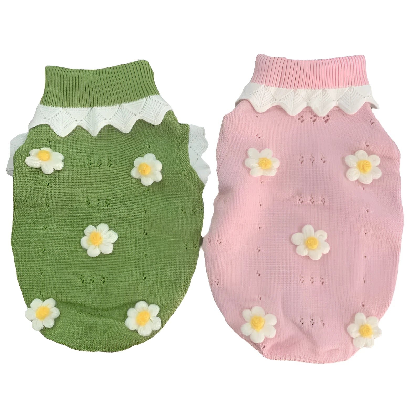 Green floral pet sweater for a small dog, showing the stretch knit material and blossom pattern.
