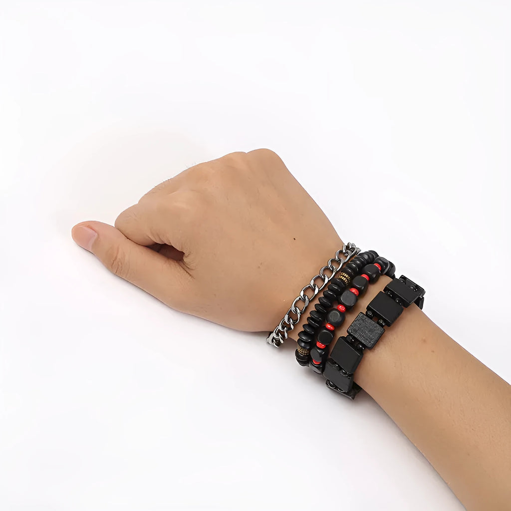 Retro woven alloy men's beaded bracelet set with four different coloured bracelets on a white background