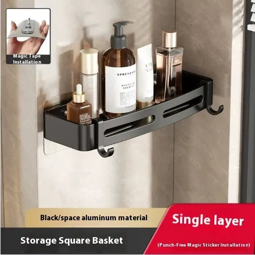 Gun grey corner-mounted bathroom rack with triangle basket design and punch-free wall mounting