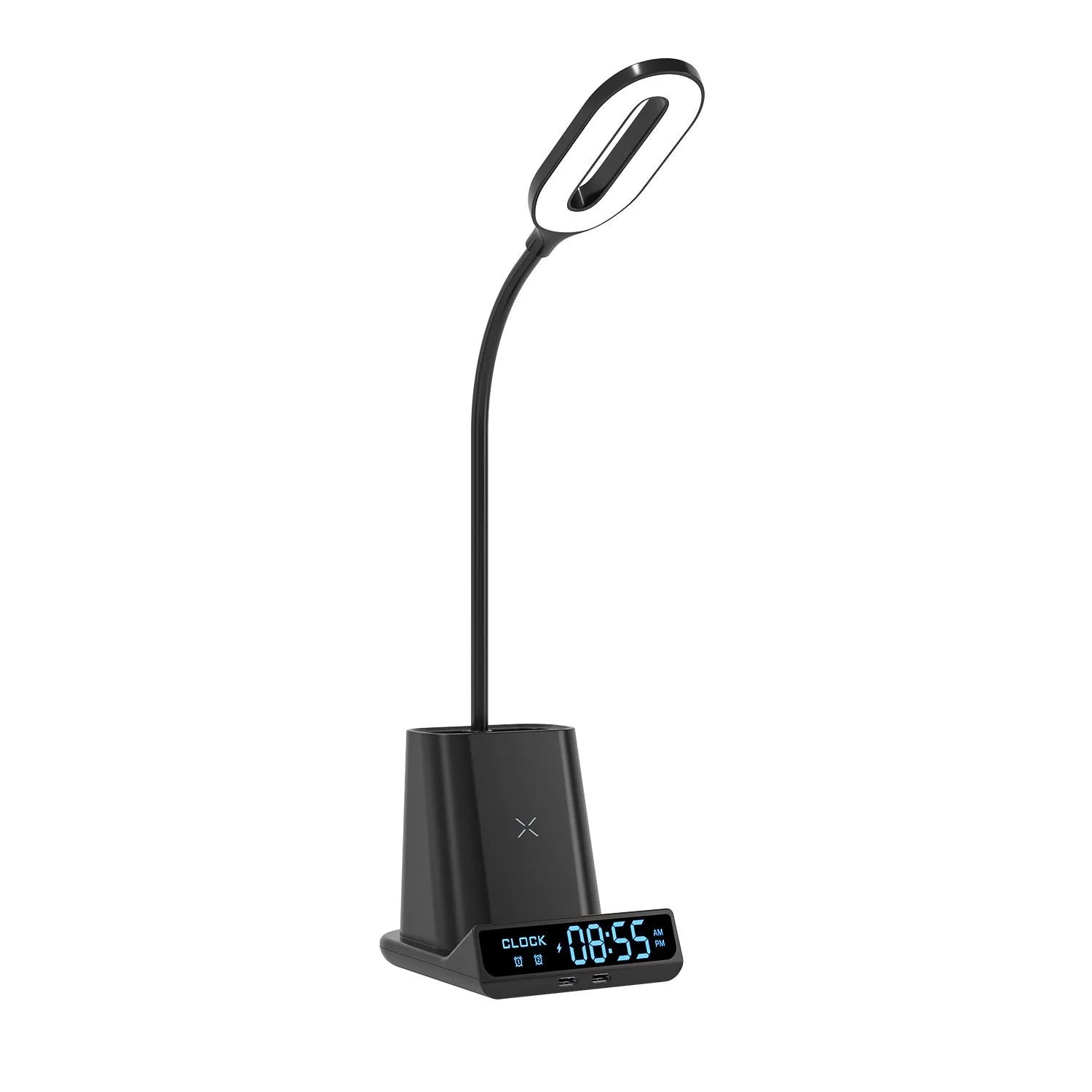 Modern desk lamp with integrated wireless charging pad, pen holder, and storage compartment.
