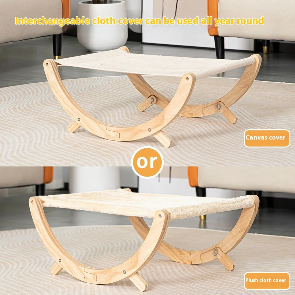 Solid wood foldable cat hammock bed with removable cover in canvas or plush options
