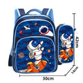 Blue cartoon-print children's school backpack with pencil case on a strap.