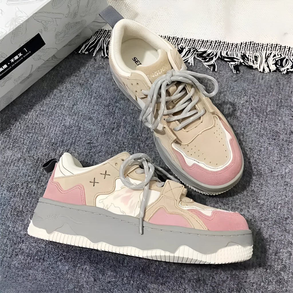Retro student sneakers for women in pink with artificial PU upper and rubber sole
