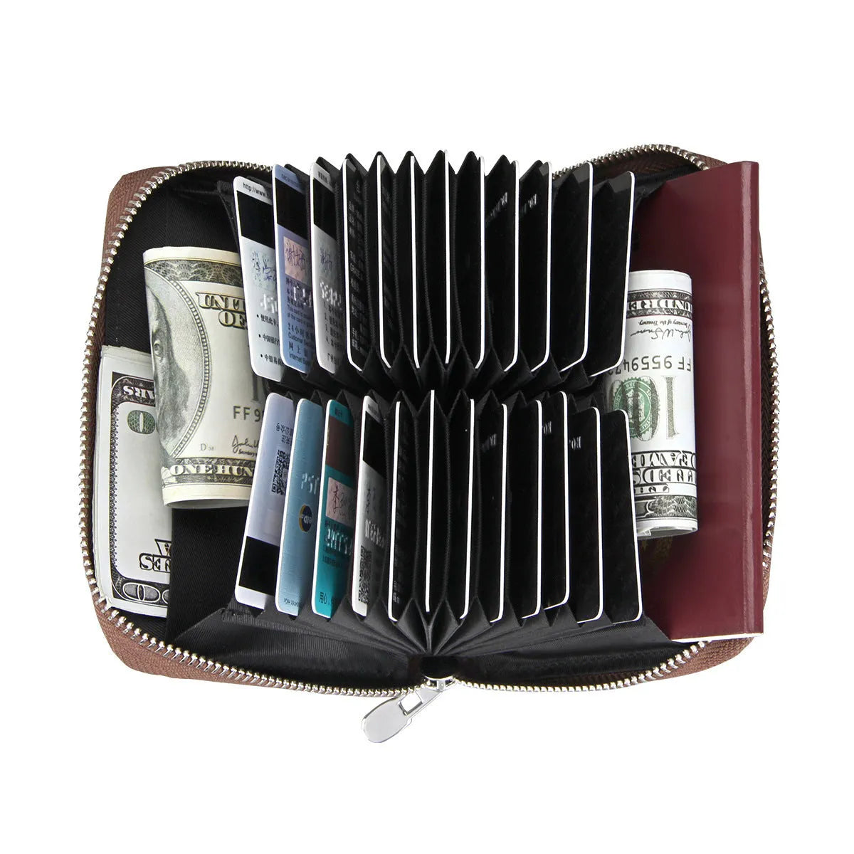 Cowhide expanding card holder and passport wallet in ink black, retro coffee, dark blue, olive green, pomegranate red, bean sand, or apricot yellow.
