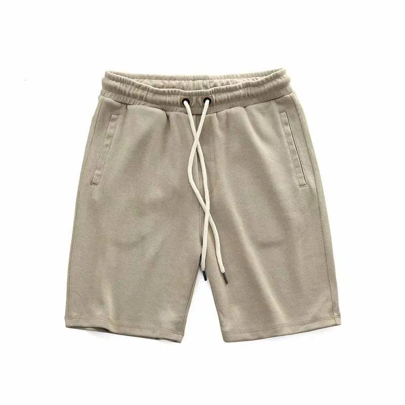 Men's retro loose knitted shorts in polyester, long leg, mid-waist, available in khaki, grey, and black, sizes M to XXXL