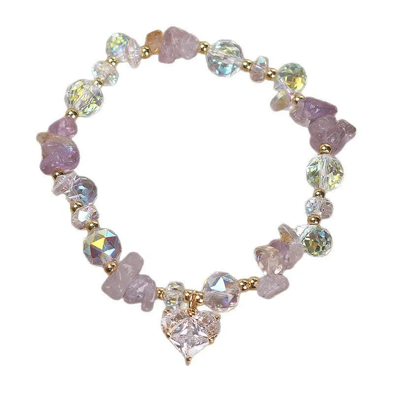 Light purple crystal bracelet with heart-shaped element, Korean fashion women's jewellery for travel souvenir gifting