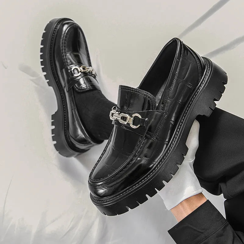 Men's crocodile pattern leather platform loafers in black, brown and yellow colours with flat heel