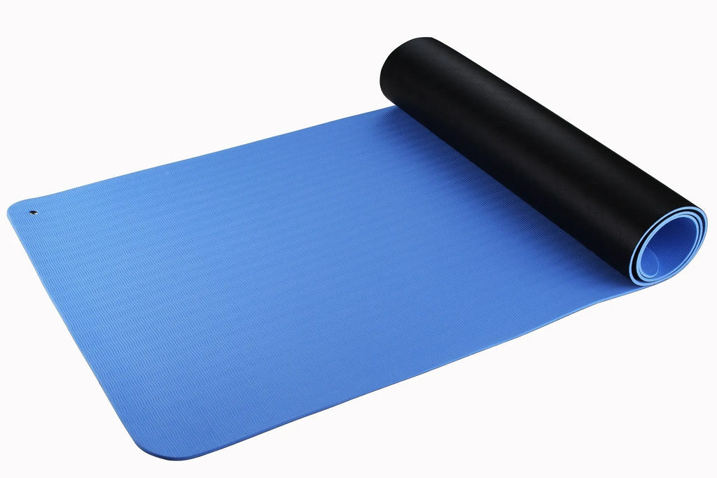 Blue conductive yoga mat with floral pattern, grounding wire, and non-slip surface.