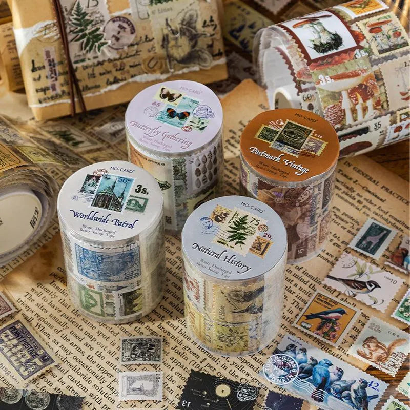 A roll of retro-design coated paper adhesive stamps, 55mm wide and 2 metres long.