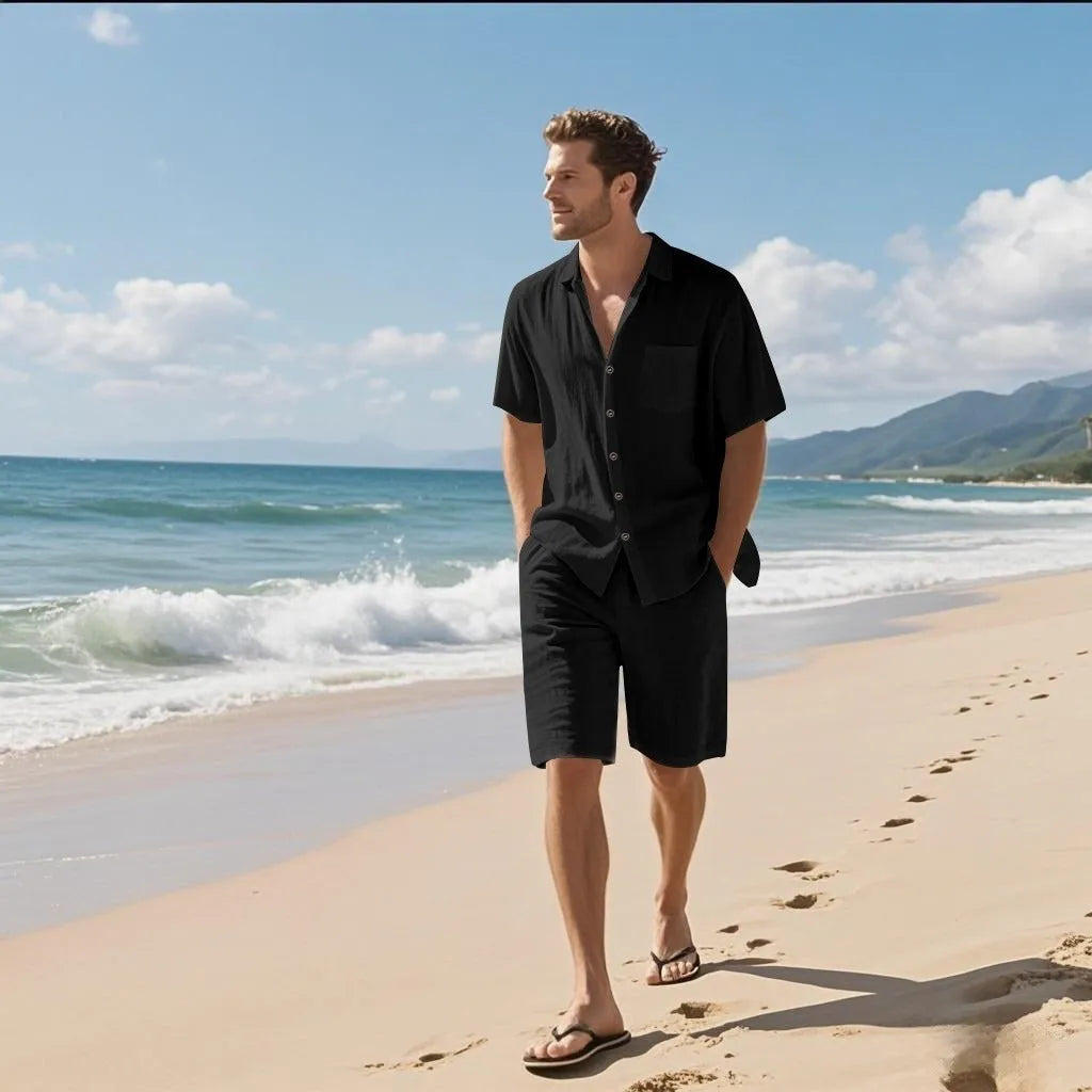 Linen blend leisure suit consisting of a short sleeve shirt and matching shorts in a neutral colour.
