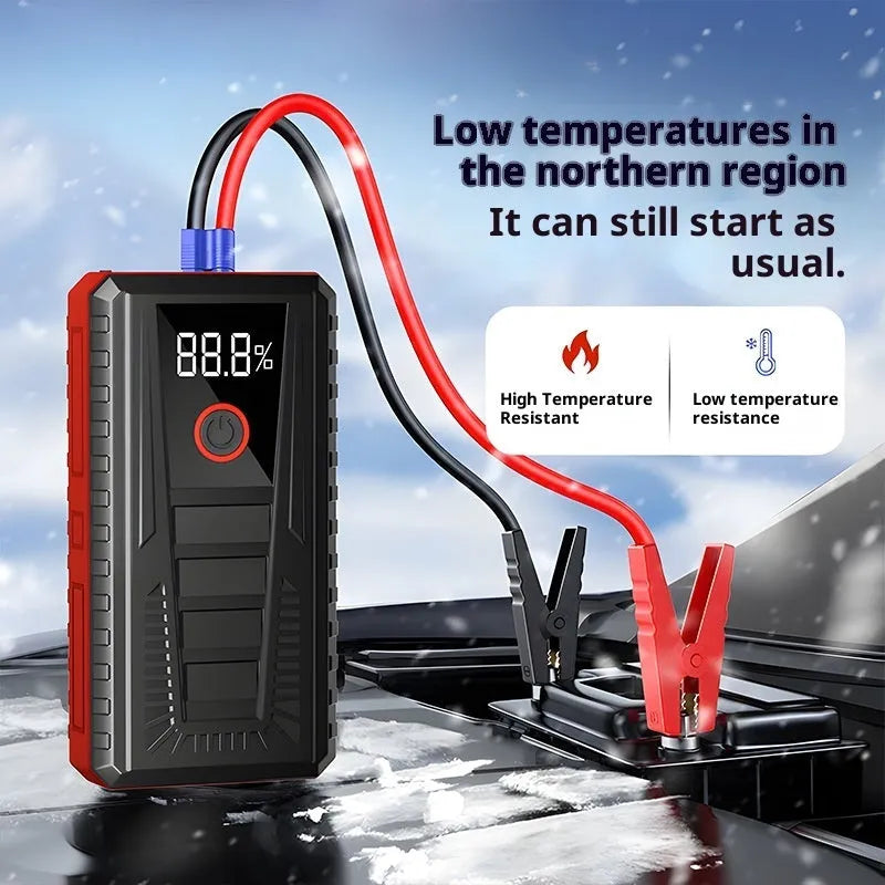 Portable car jump starter with 1500mAh battery, 1000A peak current, and storage bag for emergency ignition