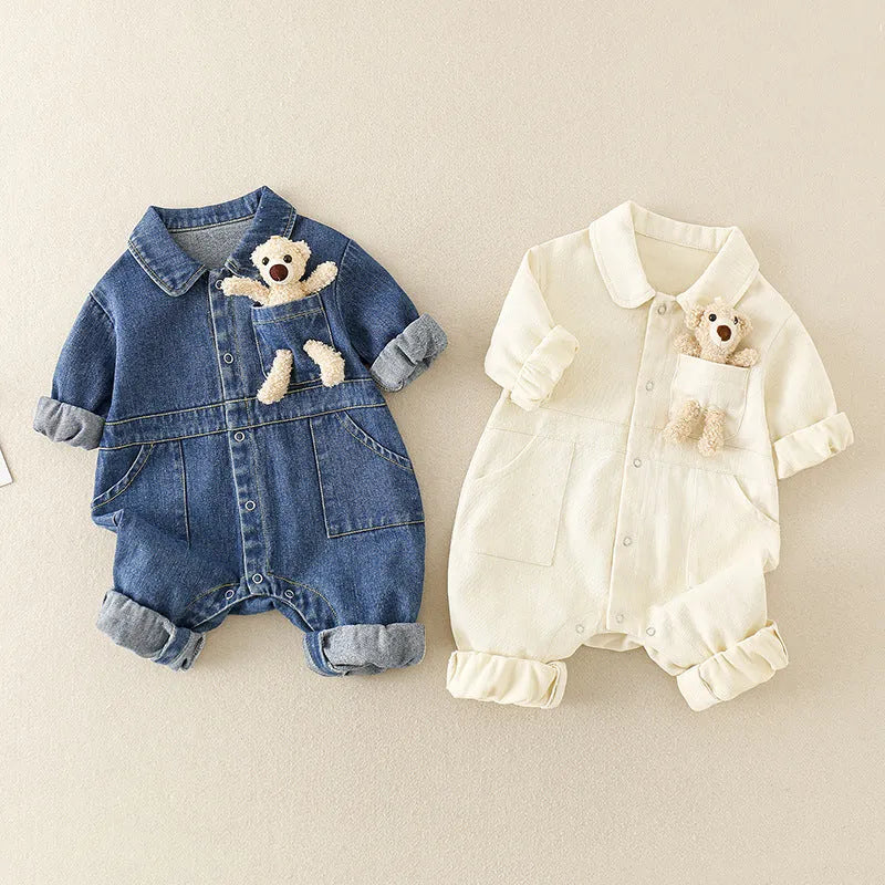Baby boy wearing blue denim jumpsuit with teddy bear accessory, western style for Spring Festival