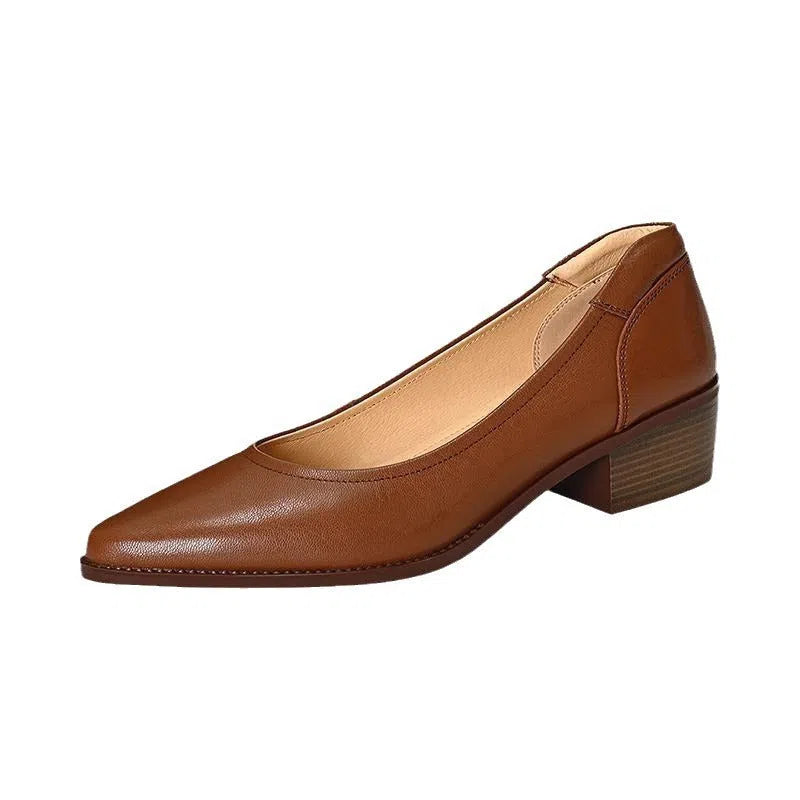 Women's retro brown pointed toe mid heel chunky heel commuting shoes with anti-slip sole, side view