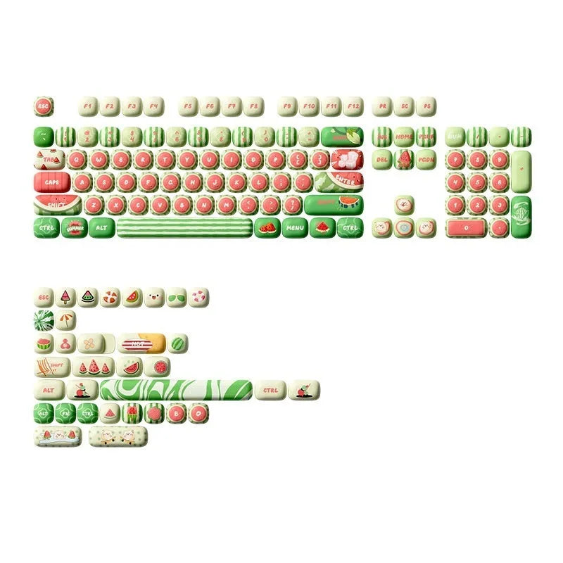 Watermelon theme PBT key cap set for mechanical keyboards, showing Xia Yang colour design on small steamed bun profile caps.