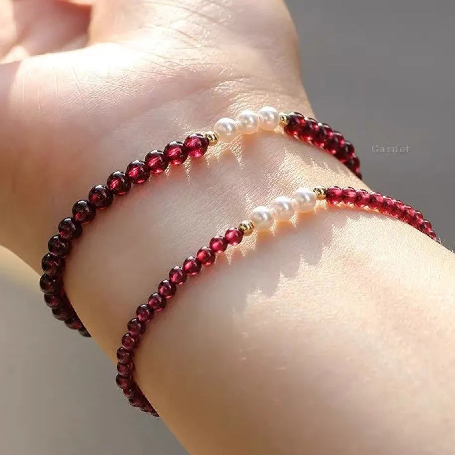 Women's crystal garnet bracelet with artificial pearl beads in 3mm or 4mm sizing options