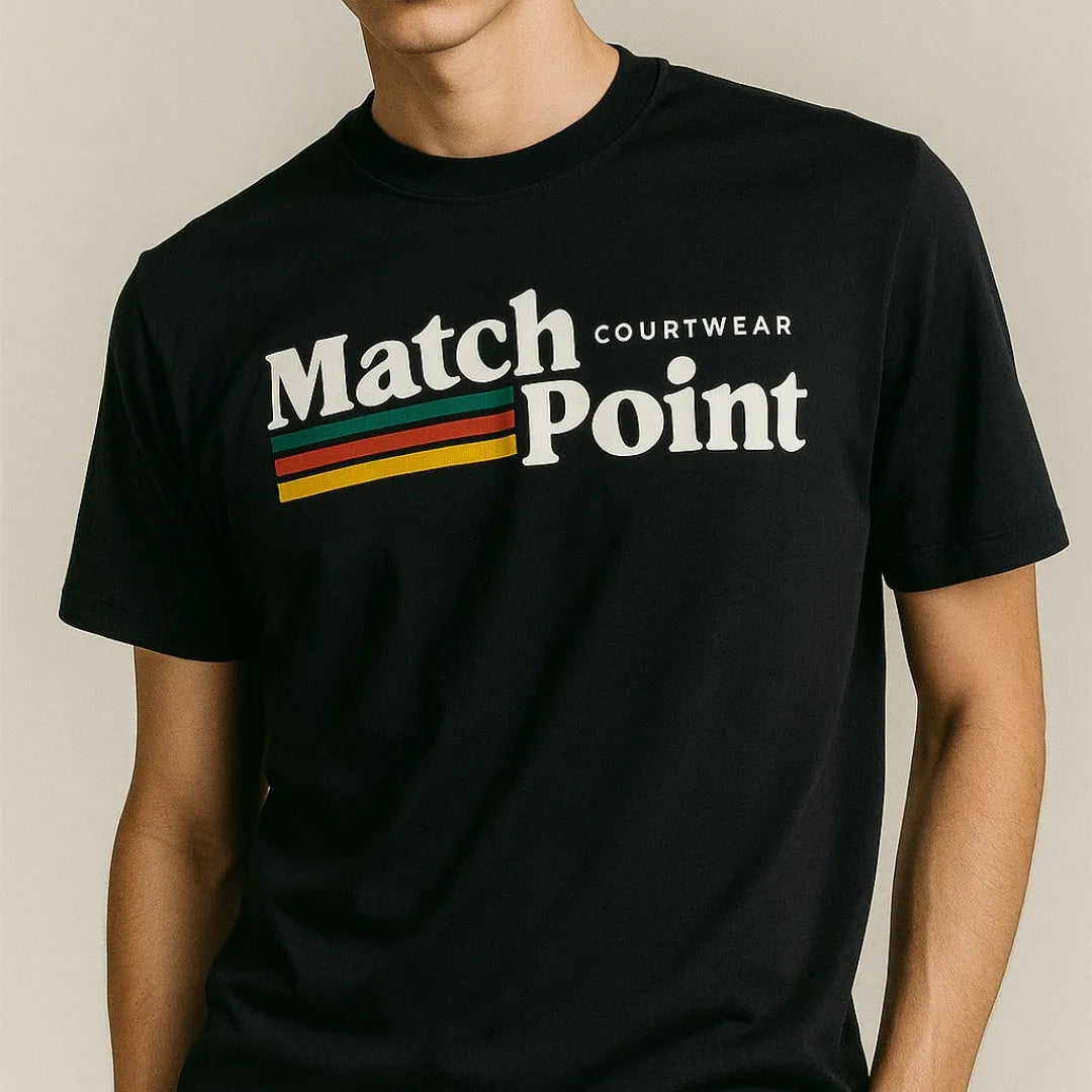 Black men's t-shirt with a colourful 3D digital printed pattern on the front, showing short sleeves and a round neck.