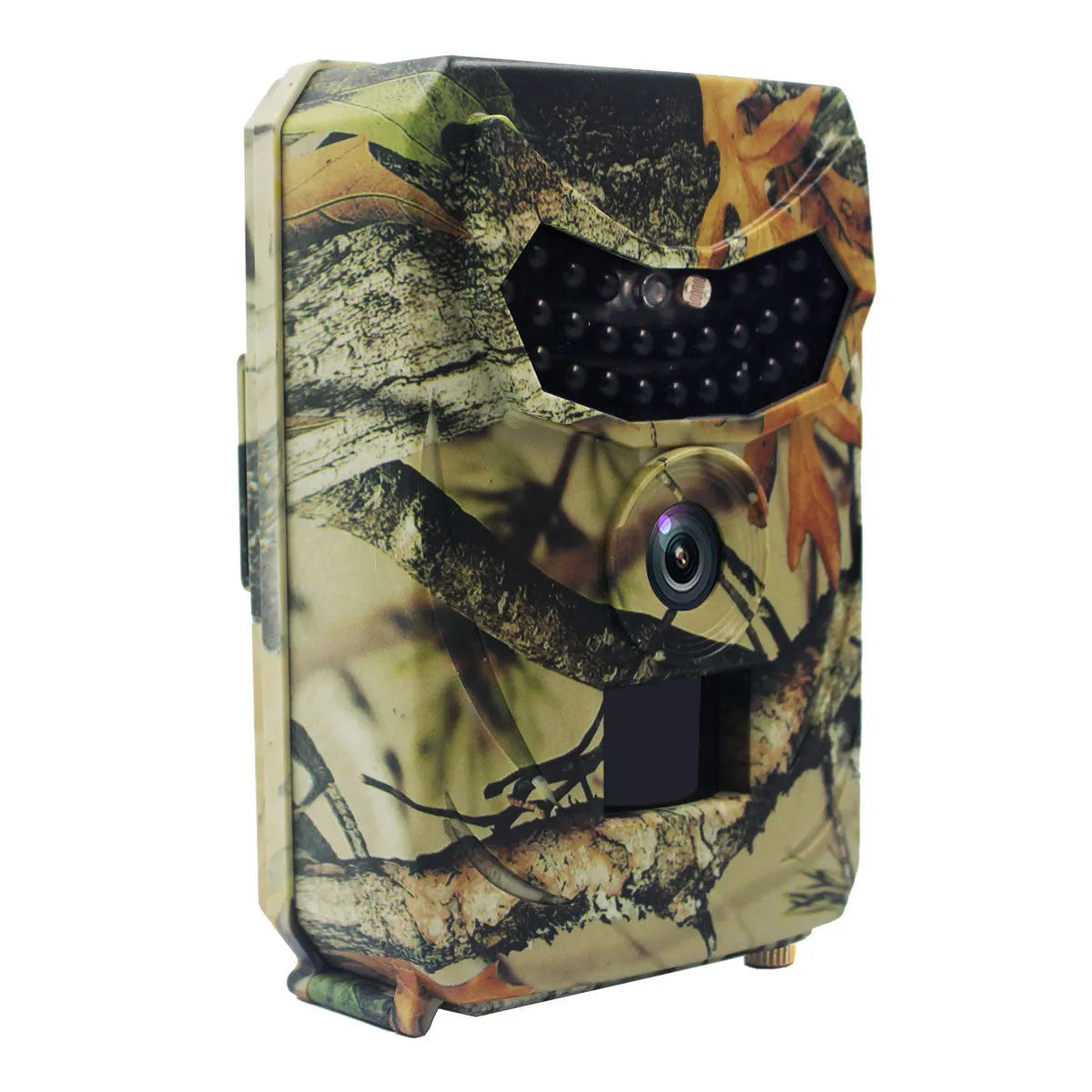 Yellow brown 16MP infrared game trail camera showing lens and housing on a tree branch.