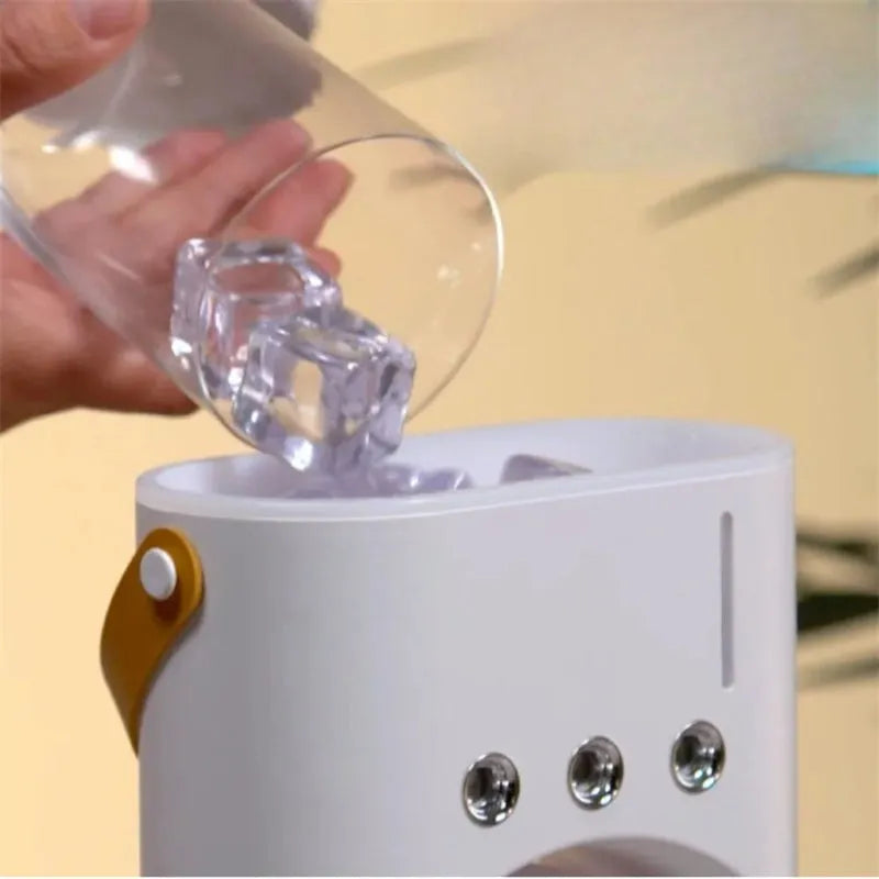 White portable humidifier fan with double heads, remote control, and USB cable