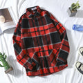 Men's brushed plaid polar fleece shirt in red, loose cardigan fit, autumn casual wear
