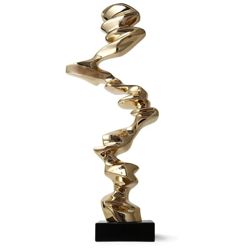 Ran Ran Rose abstract resin sculpture in bright gold, silver, or blue on a neutral background.