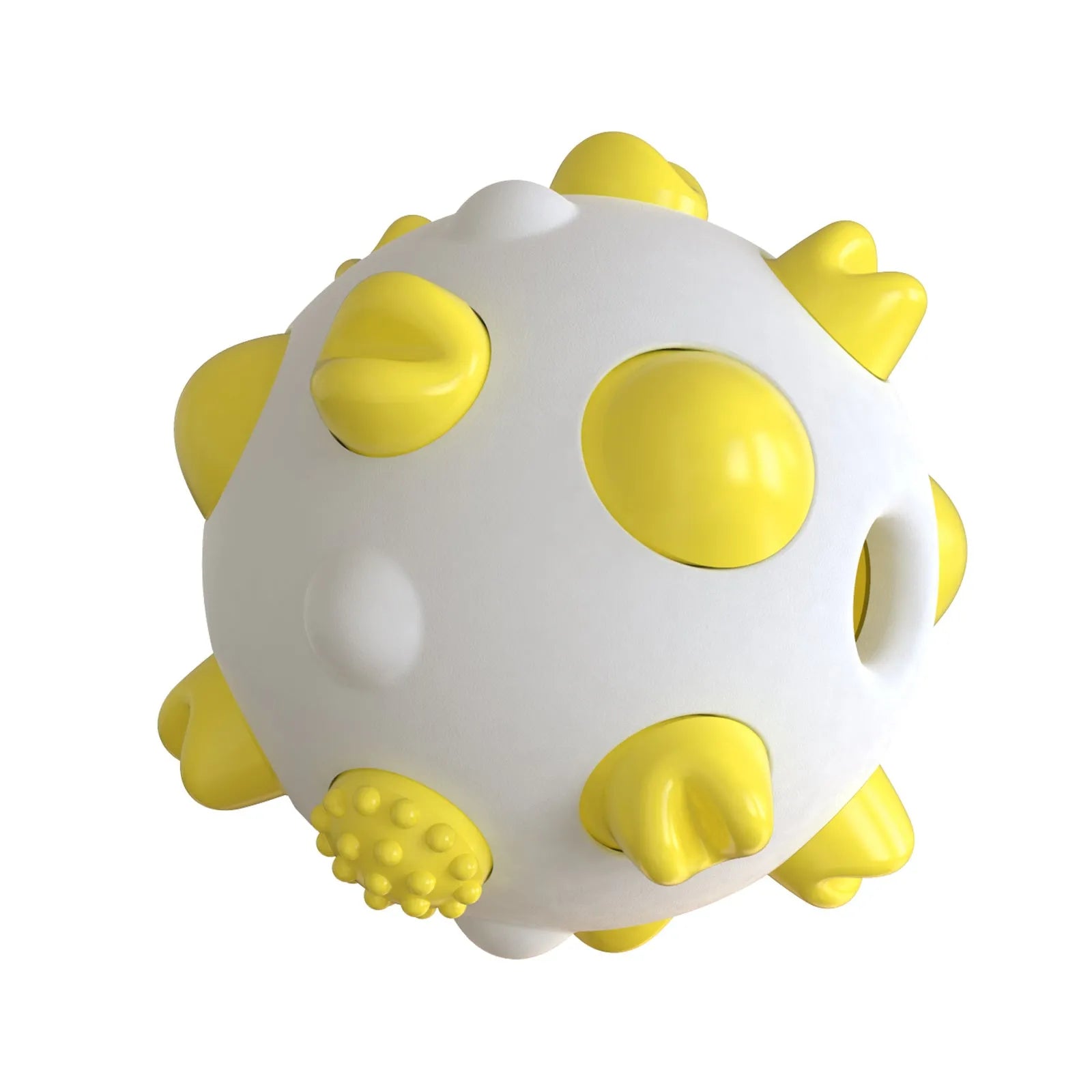 Blue green and yellow nylon dog teething chew ball with textured bumps and hollow treat-dispensing centre.