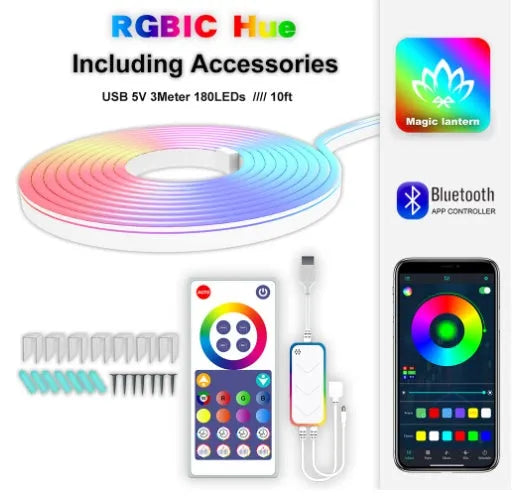 3 metre long USB-powered RGB magic colour neon LED light strip with remote control on a white background.