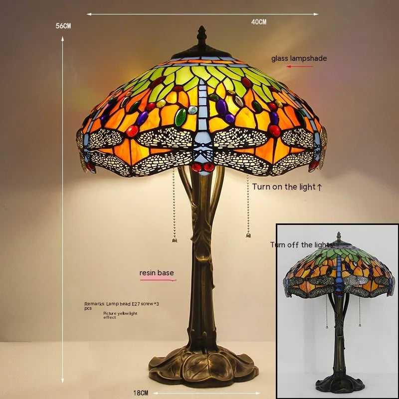 Stone Tiffany-style table lamp with dragonfly design in European retro style