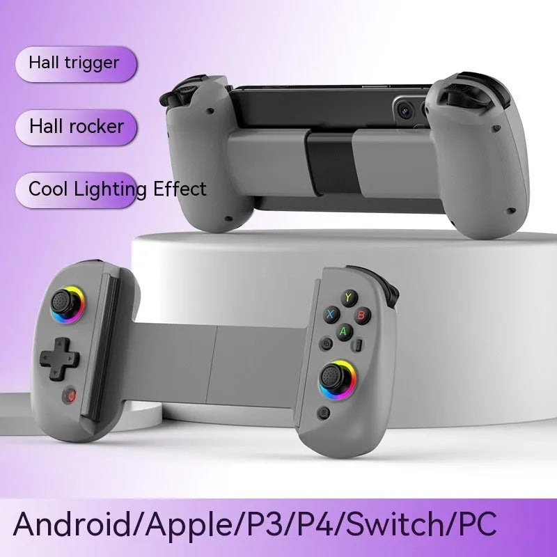 D8 Bluetooth gamepad extended to hold a tablet, showing black plastic body with coloured option highlights.