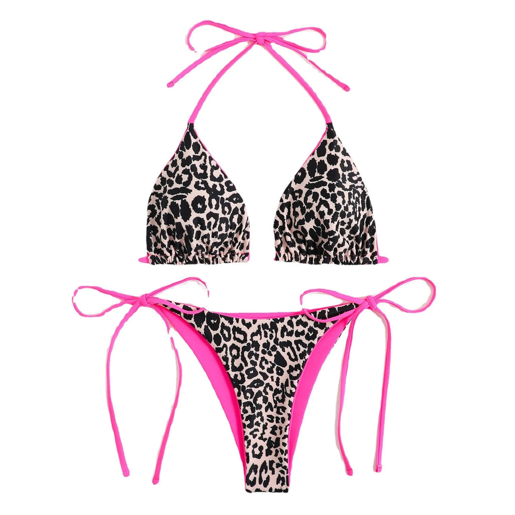 Women's triangle bikini top with lace-up back ties and matching split-leg briefs in a polyester fabric.