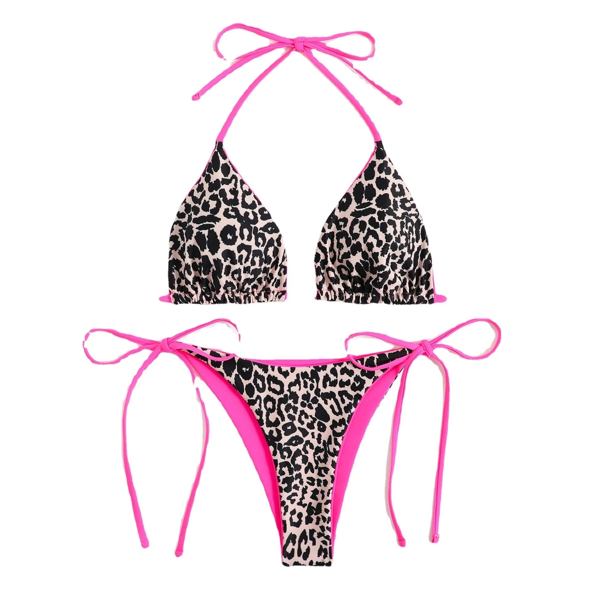 Women's triangle bikini top with lace-up back ties and matching split-leg briefs in a polyester fabric.