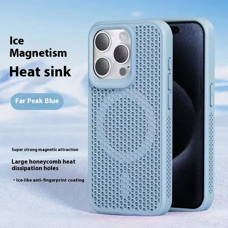Honeycomb mesh magnetic phone case for iPhone in black, showing heat dissipation design and hard PC shell.