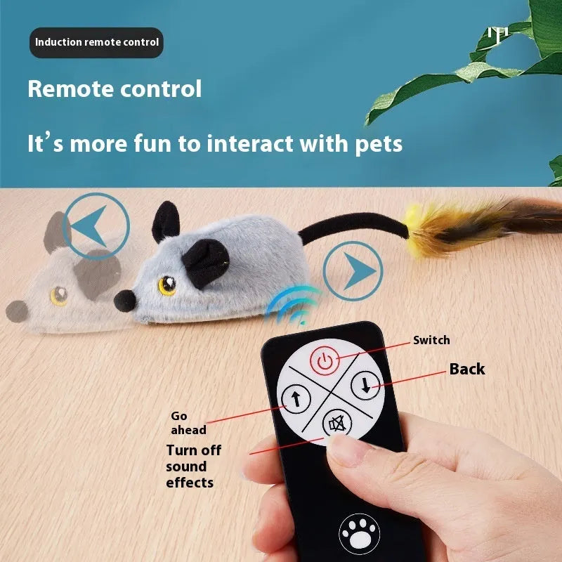 Electric plush mouse cat toy with remote control showing forward motion on floor