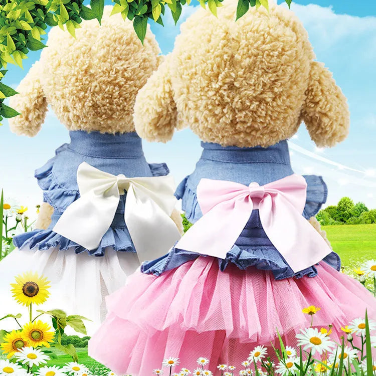 Korean-style denim pet skirt with a bow, shown in pink and white.