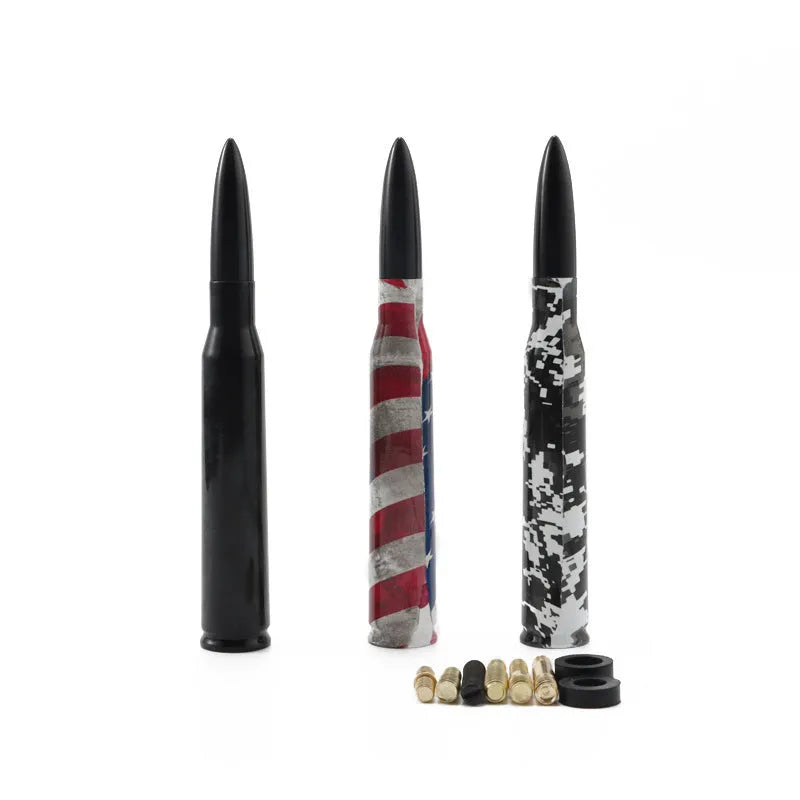 14cm car modified general antenna shown in colour black, camouflage green, and American flag finishes