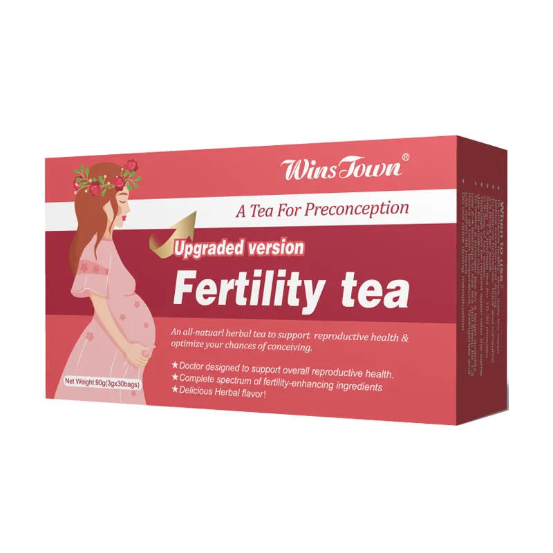 Box of natural fertility tea containing 3 packs of 30 herbal tea bags, 90 bags total.