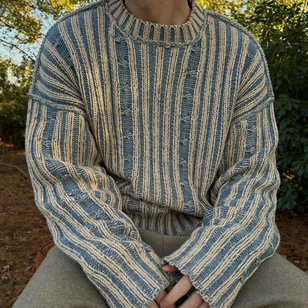 Blue men's cotton round neck casual sweater with contrast stripes in loose fit