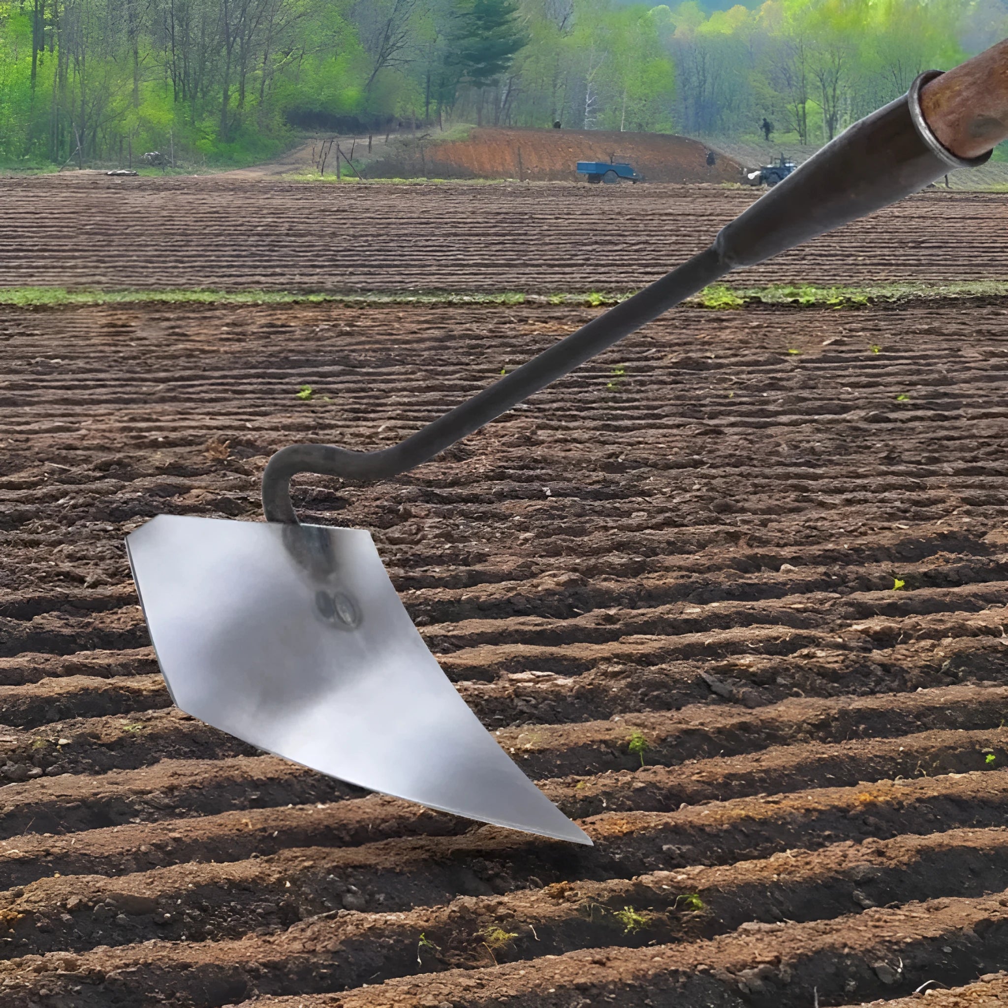 Thickened manganese steel triangle hoe plough with pointed tip for soil loosening and furrow fertilisation