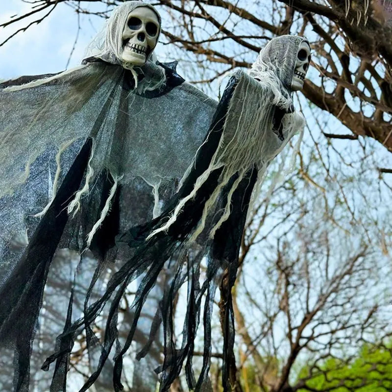 85cm hanging ghost Halloween decoration in warm colour with skull face, made from plastic, wrought iron, foam and cloth