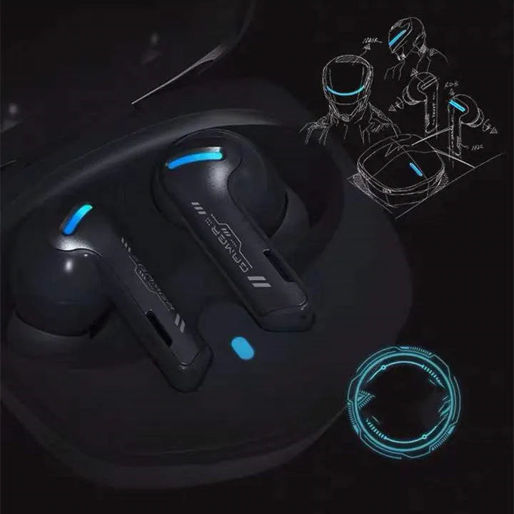 Grey QCY BH21G1A wireless Bluetooth gaming headset with charging case and ear tips