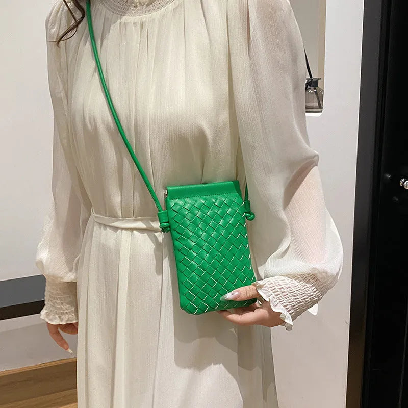 Vintage Weave pattern PU crossbody bag in square vertical shape, shown in khaki colour.