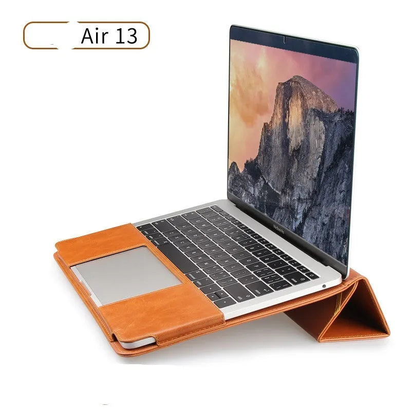 Imitation leather laptop sleeve for 13.3-inch MacBook Pro in brown, shown on a desk