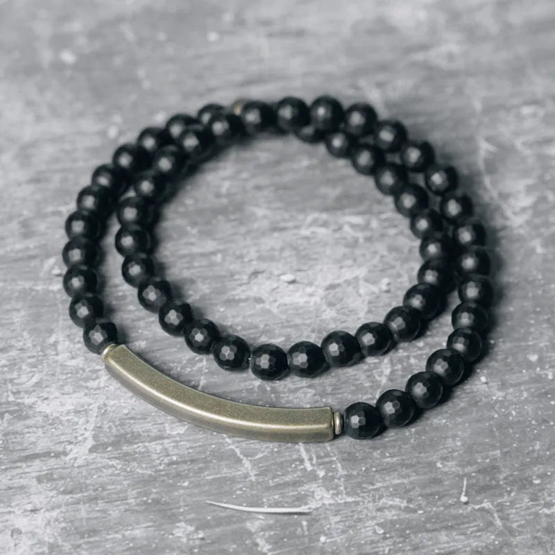 Frosted cut black agate bracelet for women, natural crystal semi-precious stone, 15cm to 18cm sizes