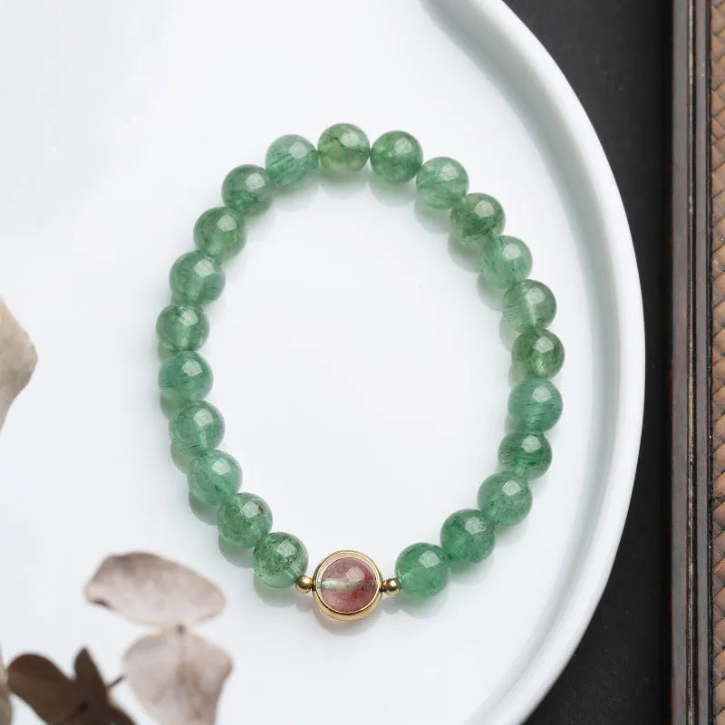 Green strawberry quartz hand-woven bracelet with 7.5mm beads in geometric single circle design